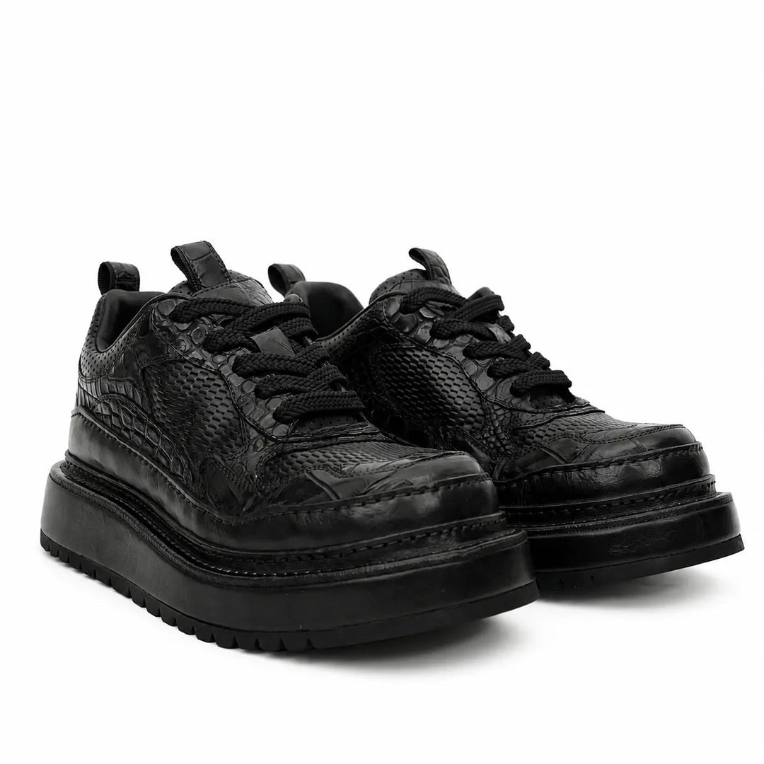 Black Platform Calf &amp; Crocodile Leather Derby Shoes
