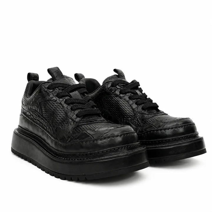 Black Platform Calf &amp; Crocodile Leather Derby Shoes