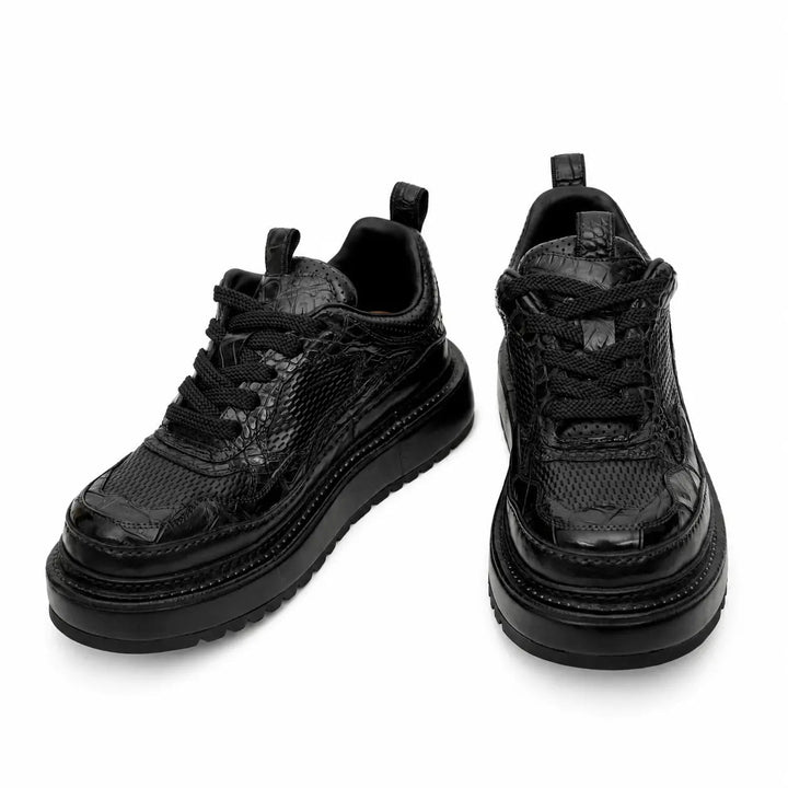 Black Platform Calf &amp; Crocodile Leather Derby Shoes