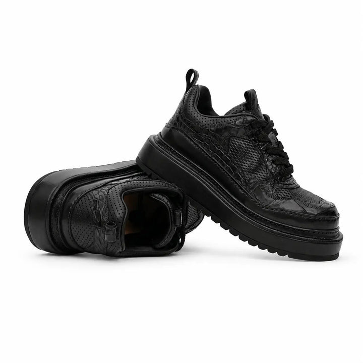 Black Platform Calf &amp; Crocodile Leather Derby Shoes