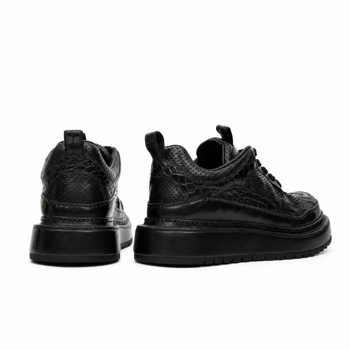 Black Platform Calf &amp; Crocodile Leather Derby Shoes