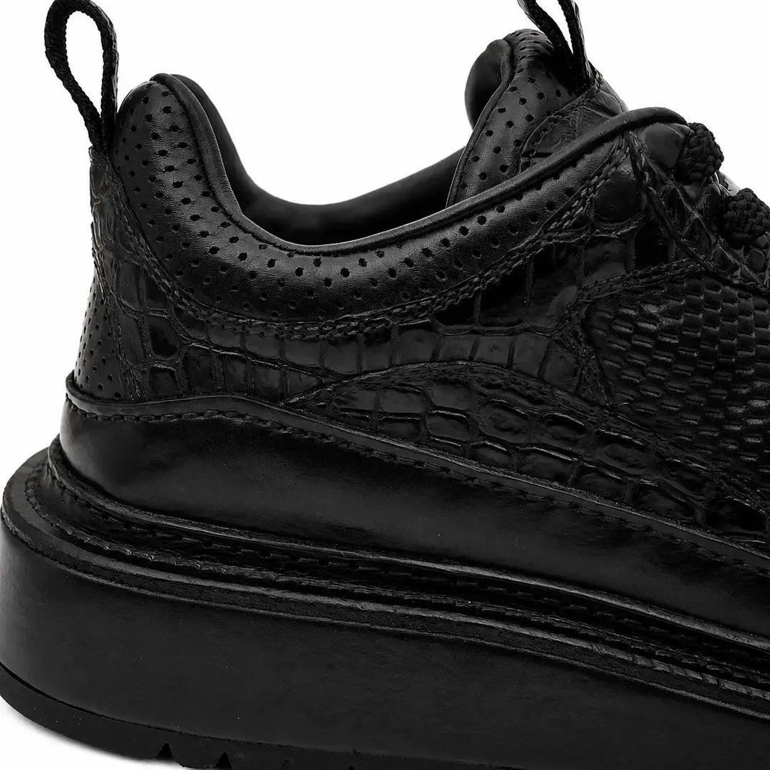 Black Platform Calf &amp; Crocodile Leather Derby Shoes
