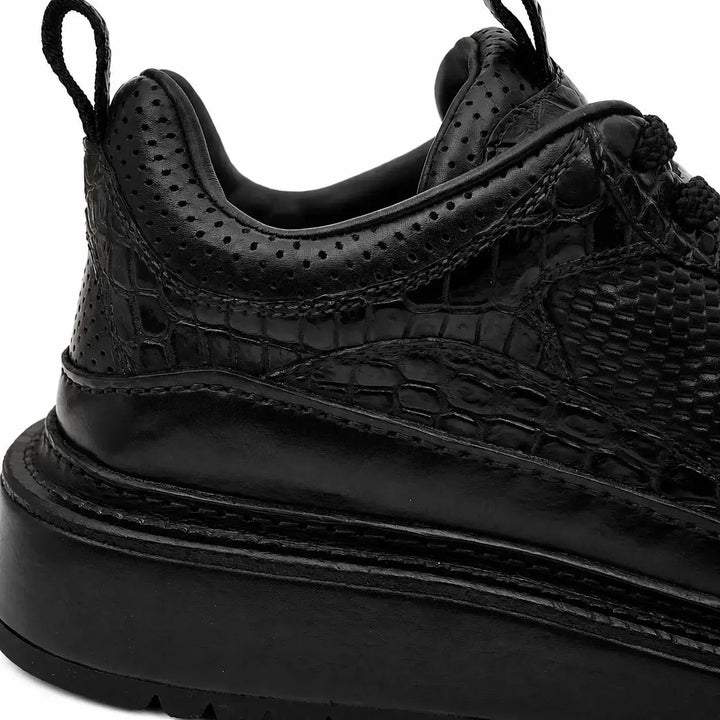 Black Platform Calf &amp; Crocodile Leather Derby Shoes