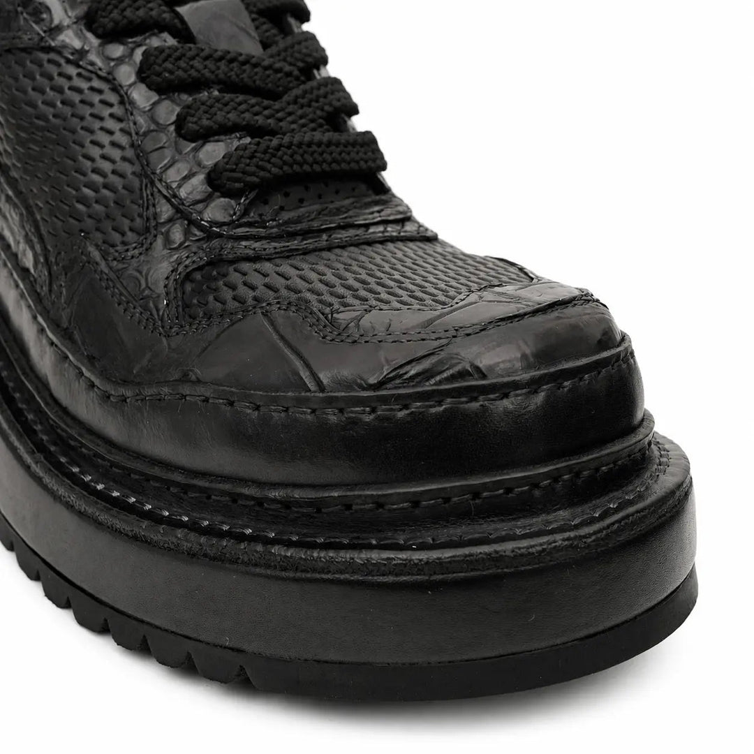 Black Platform Calf &amp; Crocodile Leather Derby Shoes
