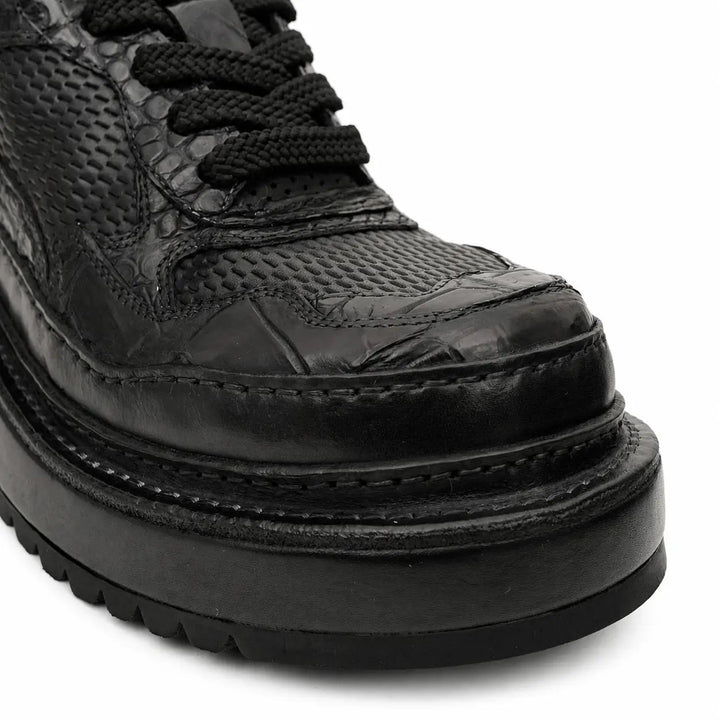 Black Platform Calf &amp; Crocodile Leather Derby Shoes