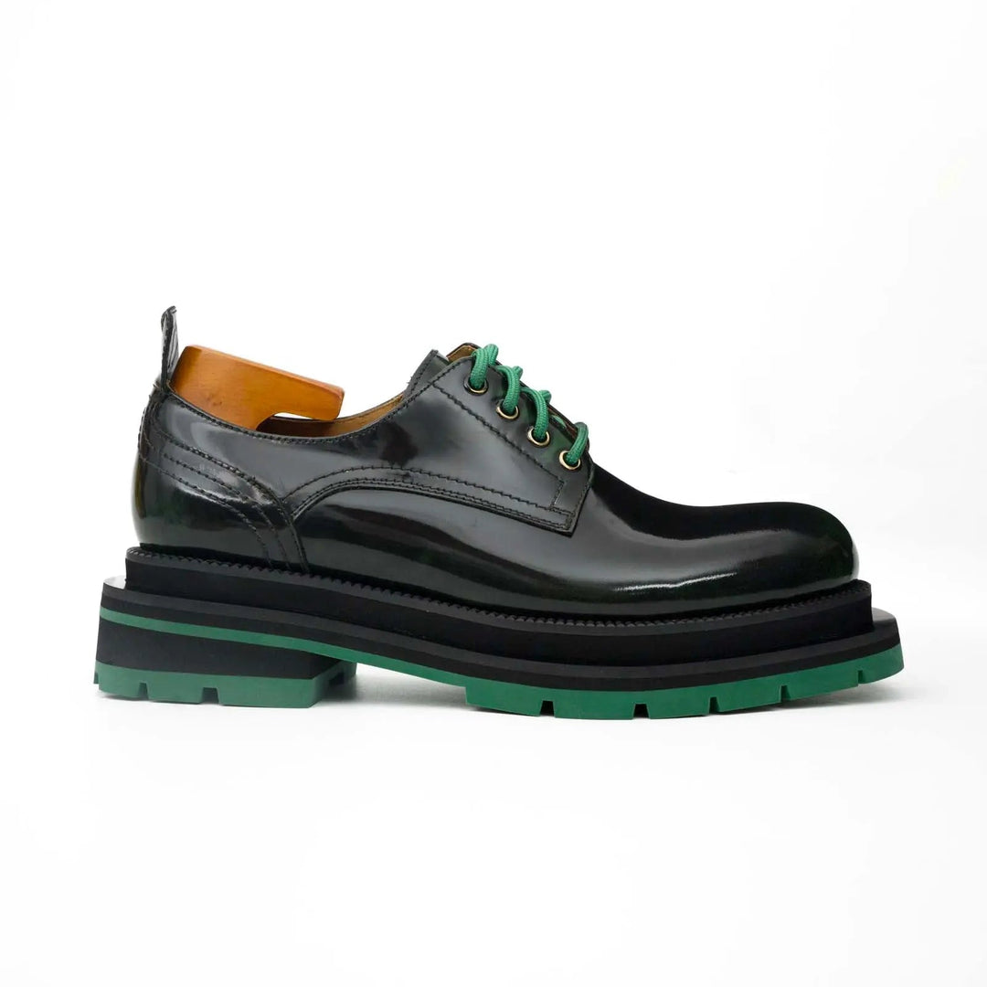 Black-Green Plain-Toe Calf Leather Derby Shoes