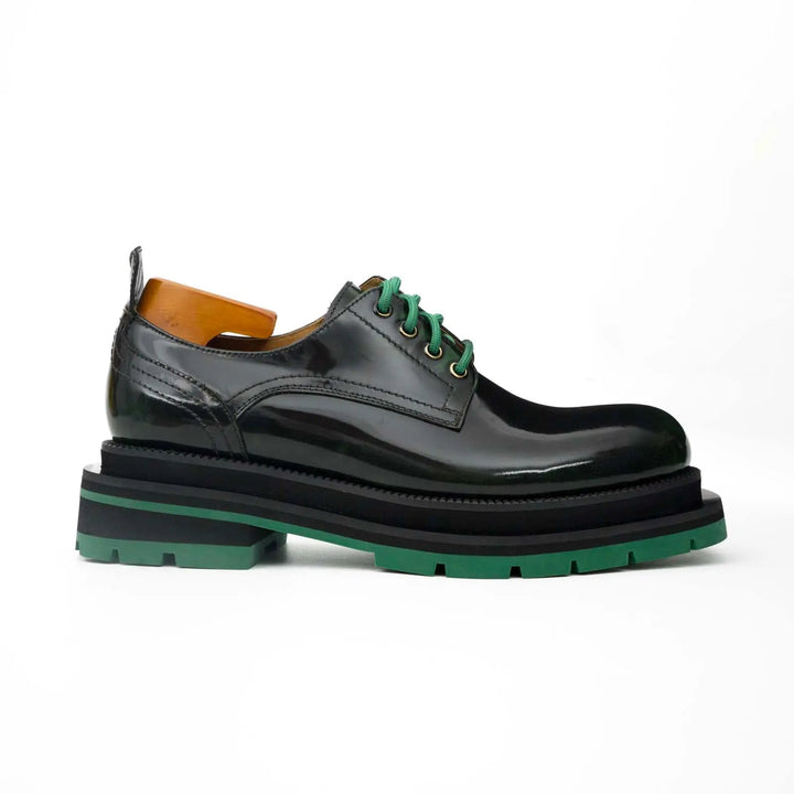 Black-Green Plain-Toe Calf Leather Derby Shoes