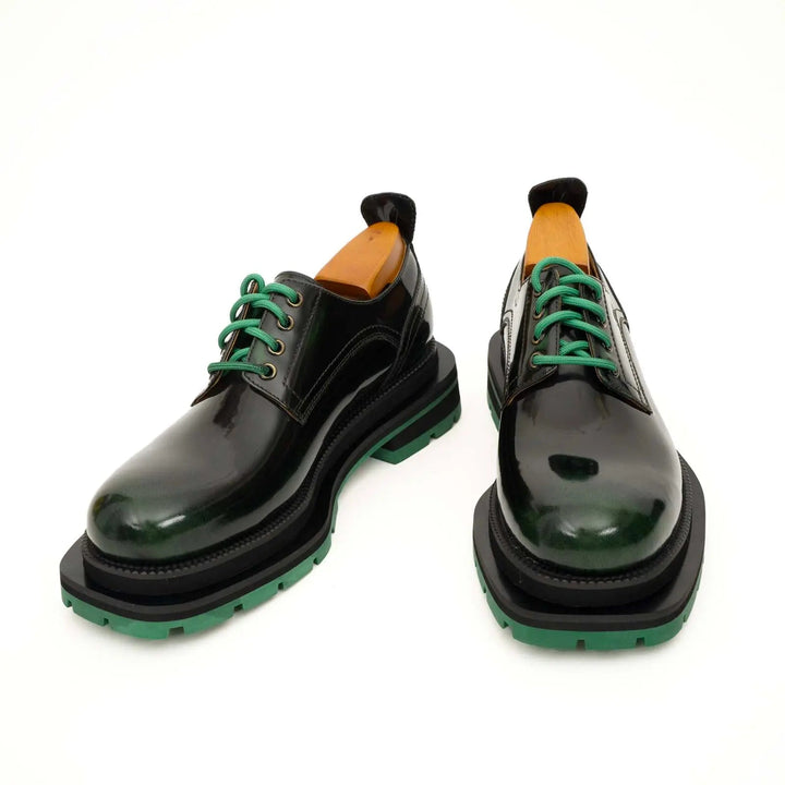 Black-Green Plain-Toe Calf Leather Derby Shoes