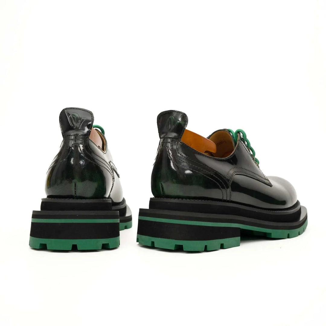 Black-Green Plain-Toe Calf Leather Derby Shoes