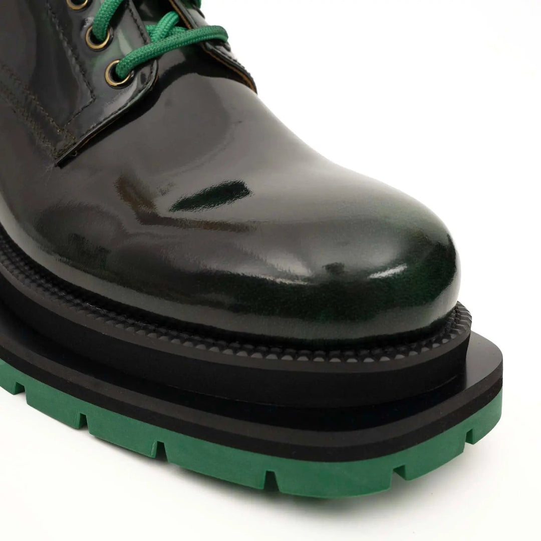 Black-Green Plain-Toe Calf Leather Derby Shoes