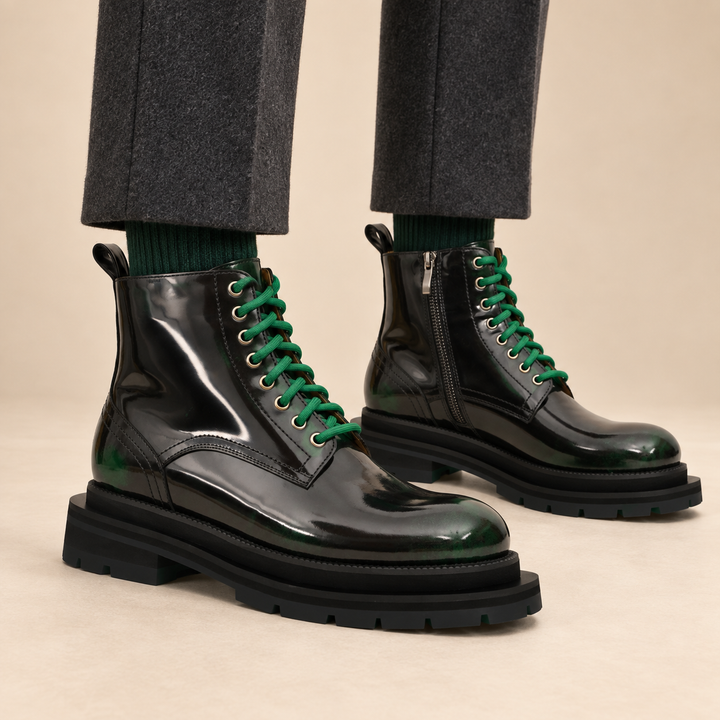 Black-Green Plain-Toe Cow Leather Ankle Boots