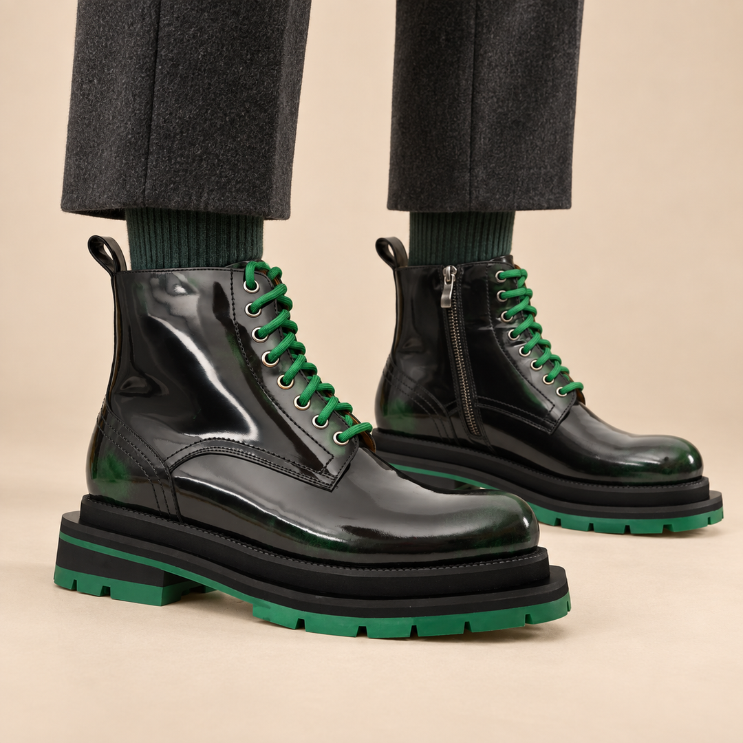 Black-Green Plain-Toe Cow Leather Ankle Boots