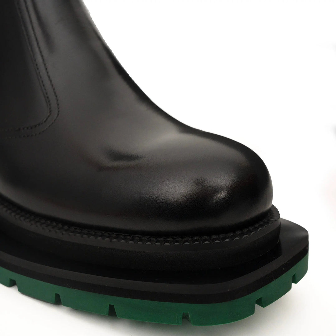 Black Calf Leather Chelsea Boots with Green Lug Sole