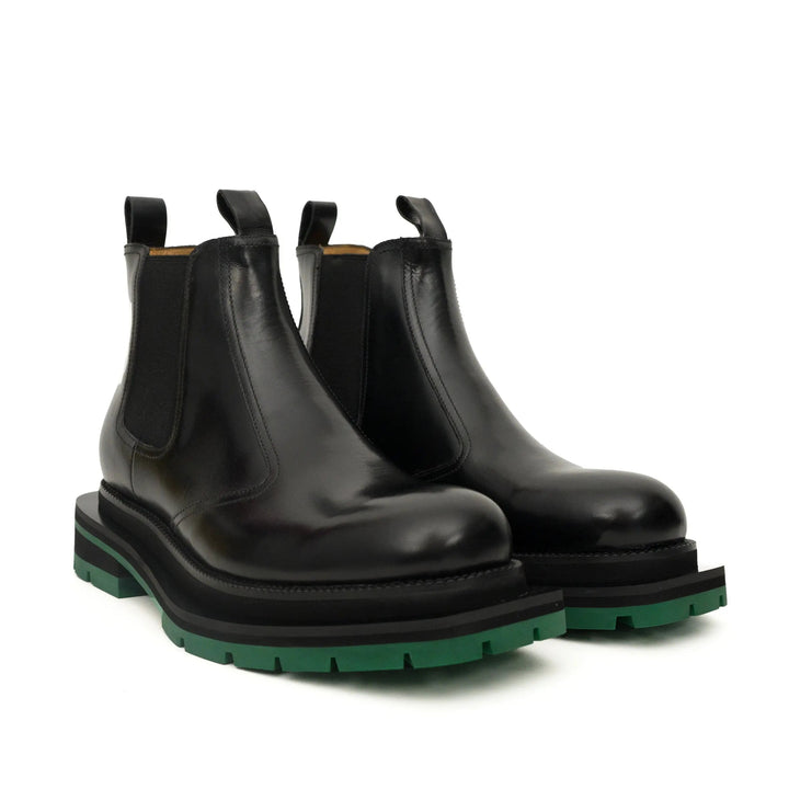 Black Calf Leather Chelsea Boots with Green Lug Sole