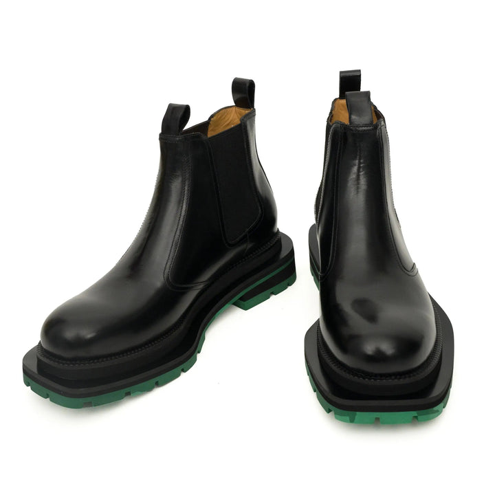 Black Calf Leather Chelsea Boots with Green Lug Sole