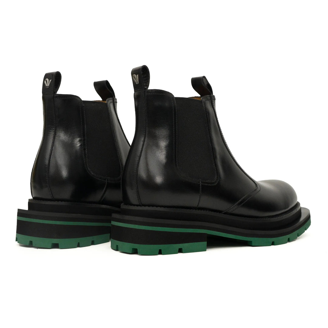 Black Calf Leather Chelsea Boots with Green Lug Sole
