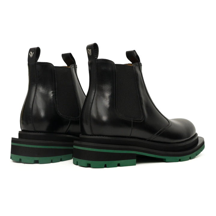 Black Calf Leather Chelsea Boots with Green Lug Sole