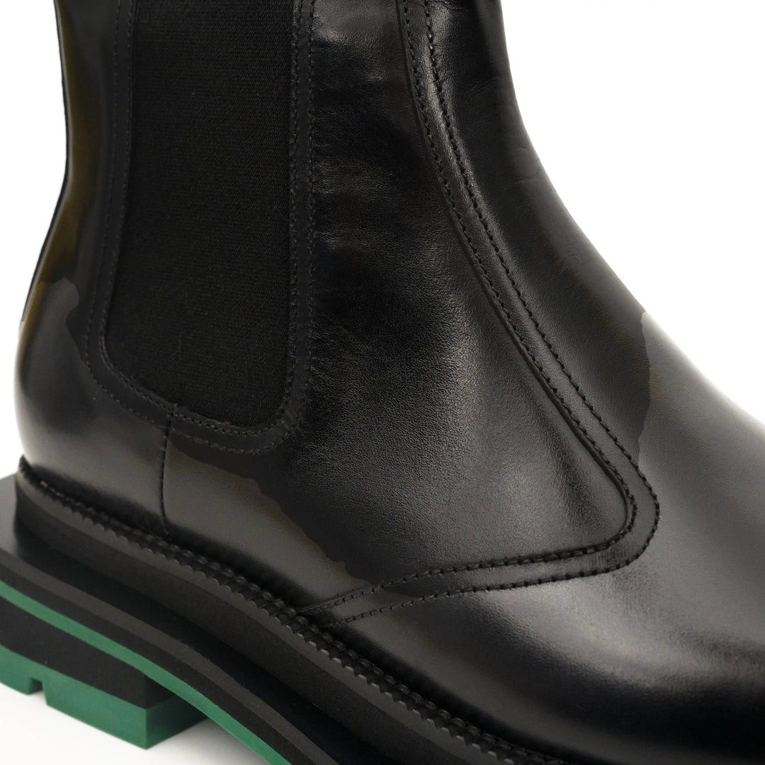 Black Calf Leather Chelsea Boots with Green Lug Sole