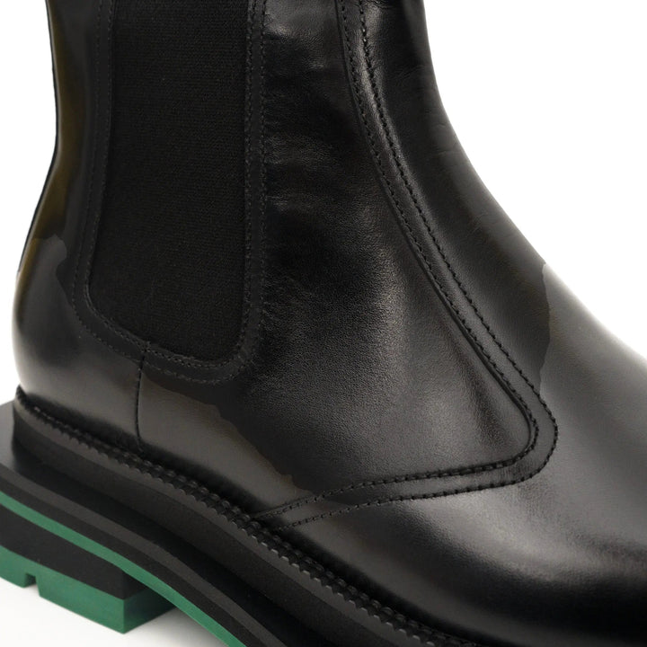 Black Calf Leather Chelsea Boots with Green Lug Sole