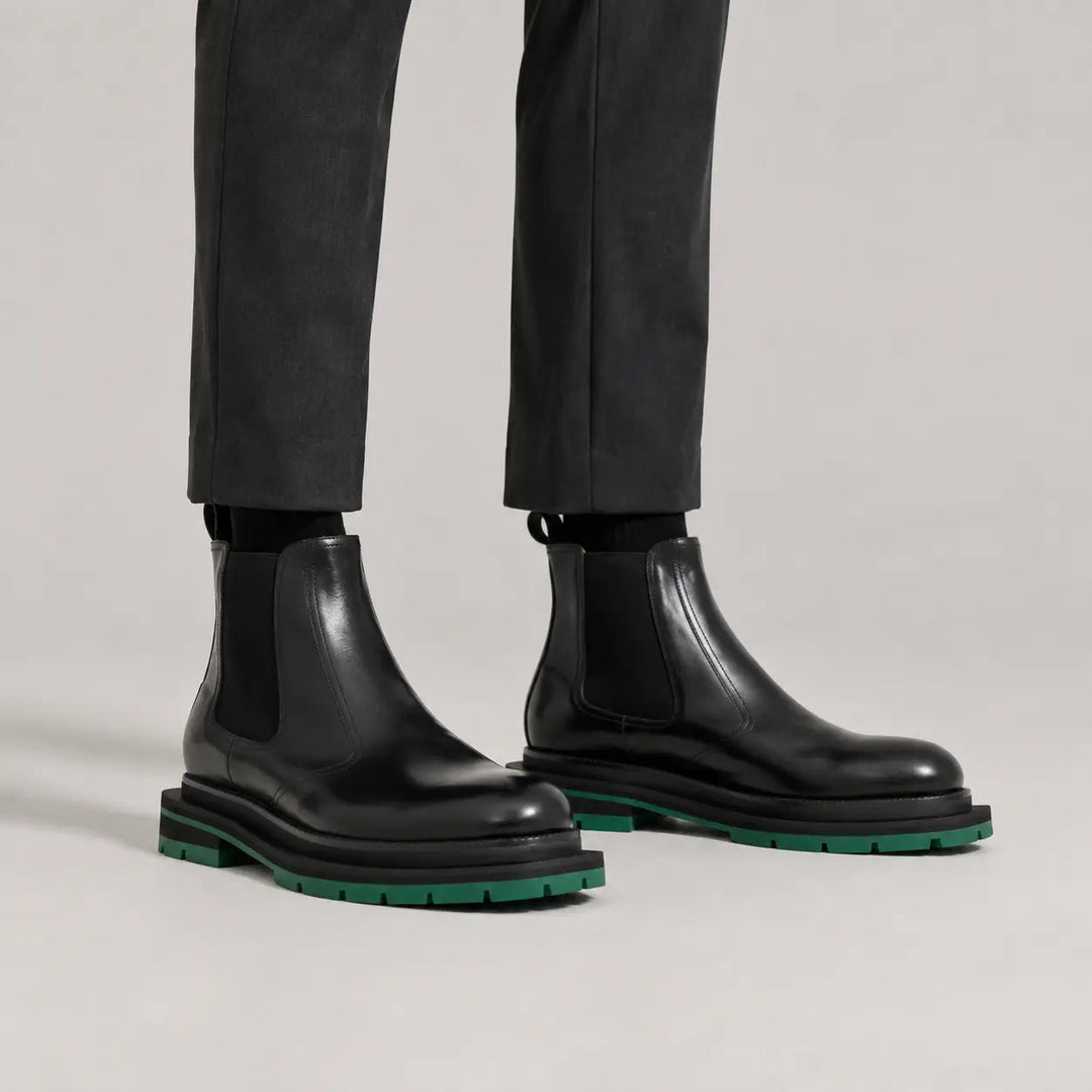 Black Calf Leather Chelsea Boots with Green Lug Sole