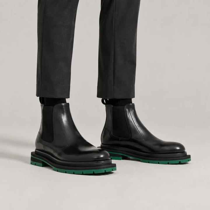 Black Calf Leather Chelsea Boots with Green Lug Sole