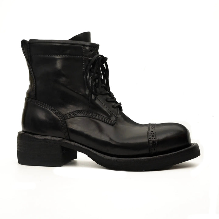 Black Cap-Toe Horse Butt Leather Lace-Up Boots
