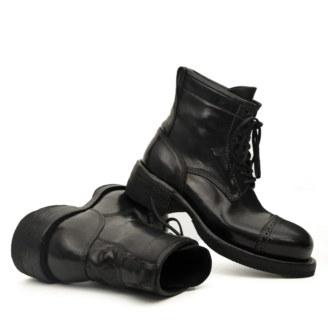 Black Cap-Toe Horse Butt Leather Lace-Up Boots