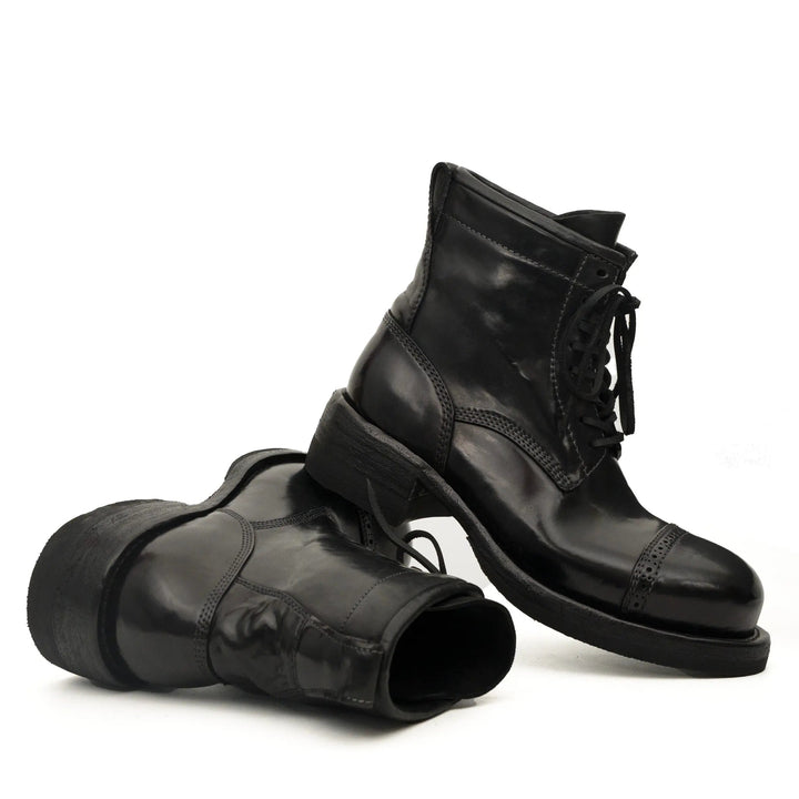 Black Cap-Toe Horse Butt Leather Lace-Up Boots