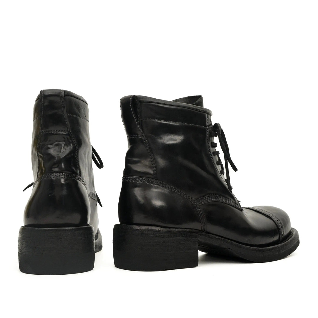Black Cap-Toe Horse Butt Leather Lace-Up Boots