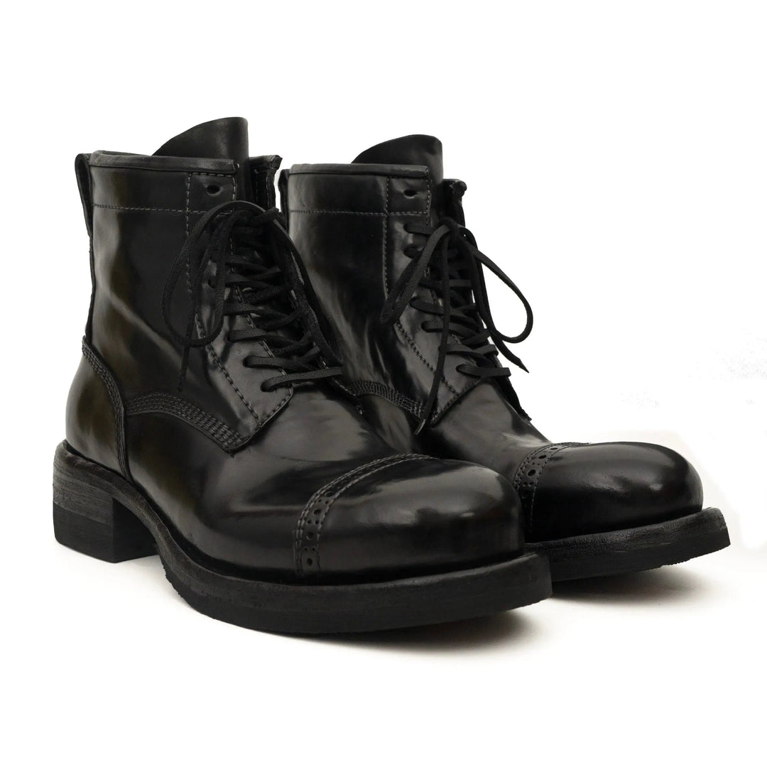 Black Cap-Toe Horse Butt Leather Lace-Up Boots