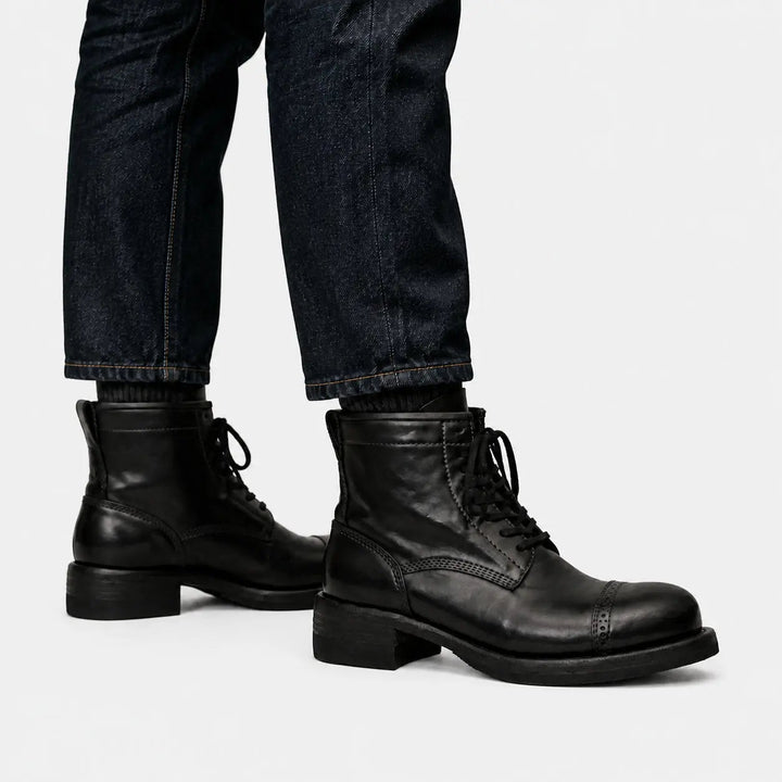 Black Cap-Toe Horse Butt Leather Lace-Up Boots