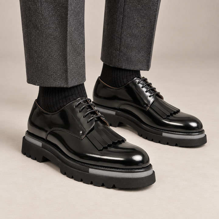 Black Kiltie Calf Leather Derby Shoes