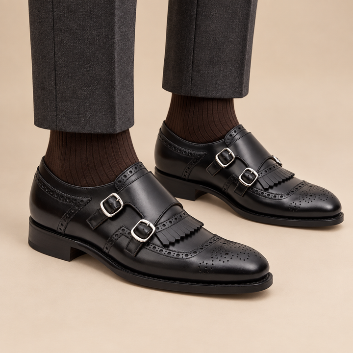Black Kiltie Cow Leather Monk Shoes