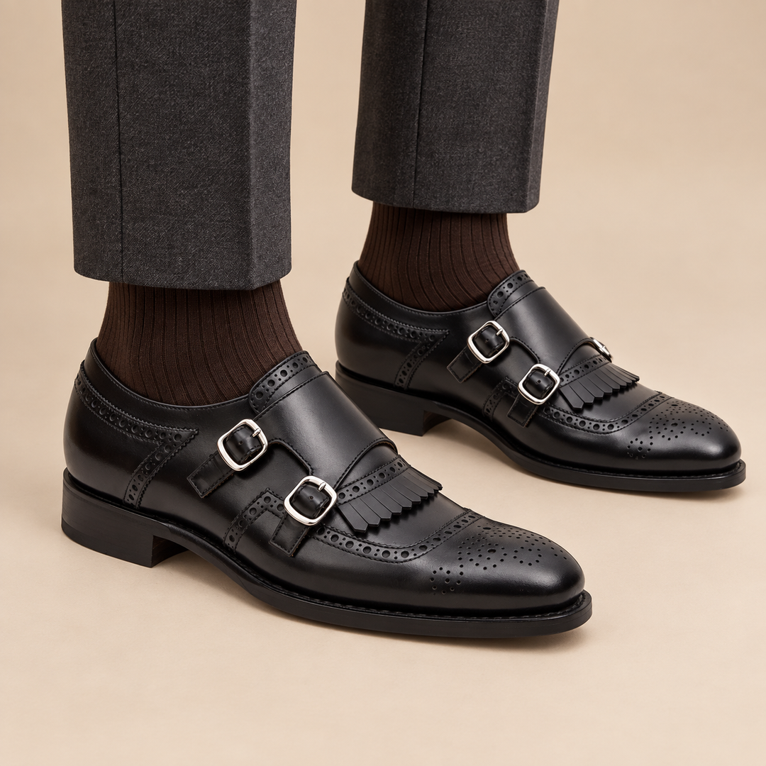 Black Kiltie Cow Leather Monk Shoes