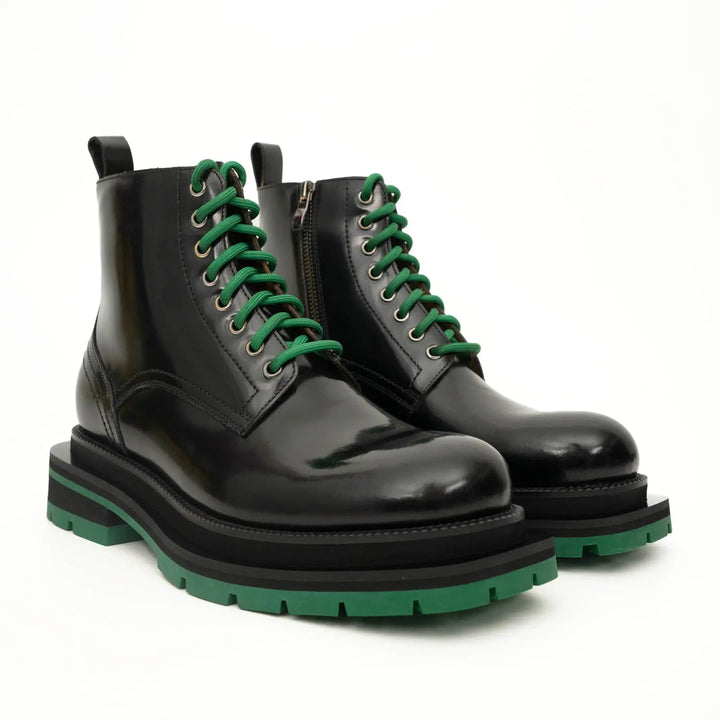 Black Plain-Toe Calf Leather Lace-Up Boots