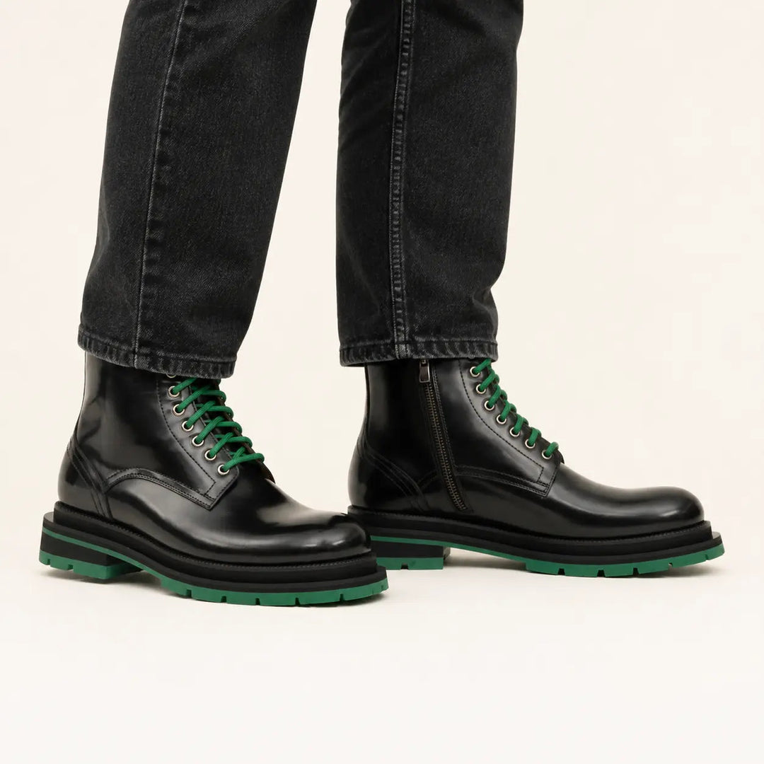 Black Plain-Toe Calf Leather Lace-Up Boots