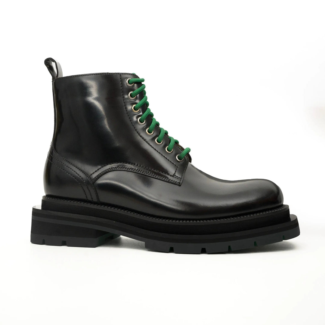 Black Plain-Toe Calf Leather Lace-Up Boots
