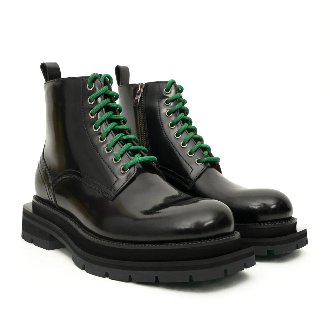 Black Plain-Toe Calf Leather Lace-Up Boots