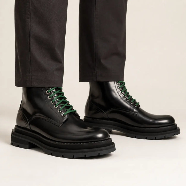 Black Plain-Toe Calf Leather Lace-Up Boots