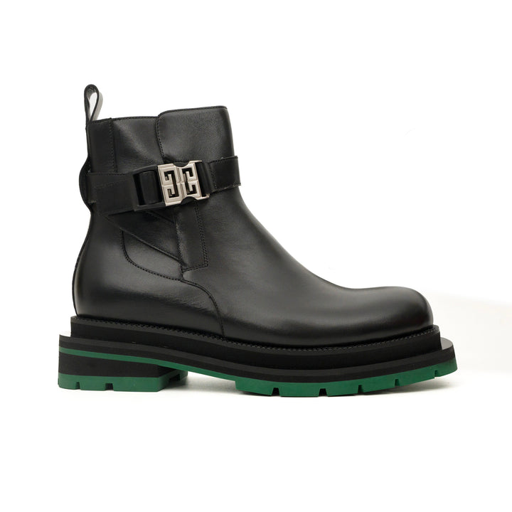Black Leather Buckle Ankle Boots with Green Lug Sole