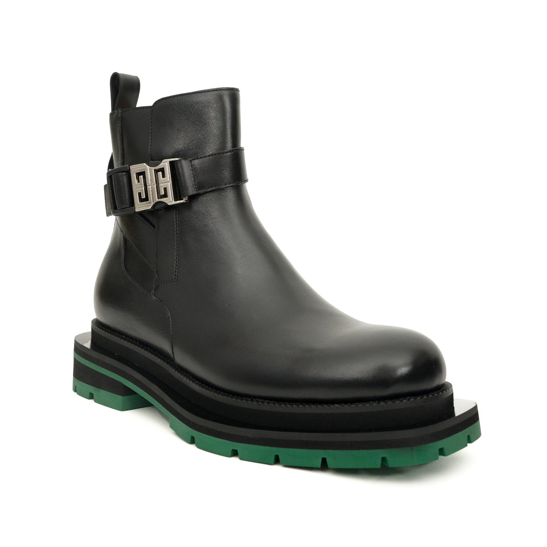 Black Leather Buckle Ankle Boots with Green Lug Sole