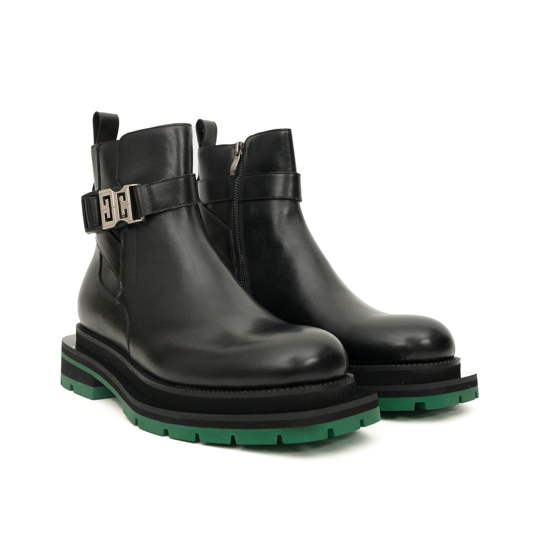Black Leather Buckle Ankle Boots with Green Lug Sole