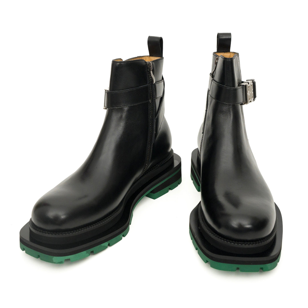 Black Leather Buckle Ankle Boots with Green Lug Sole