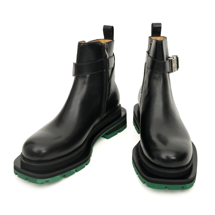 Black Leather Buckle Ankle Boots with Green Lug Sole