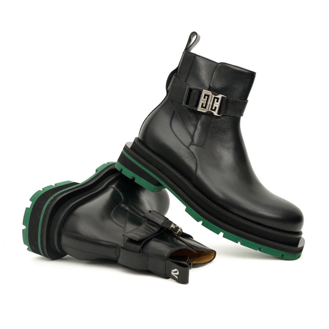Black Leather Buckle Ankle Boots with Green Lug Sole
