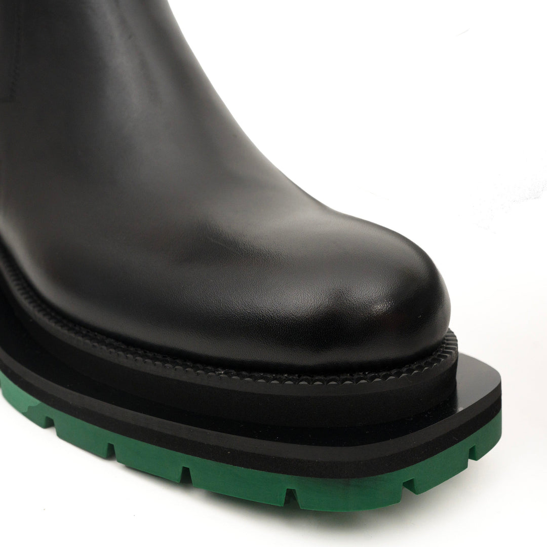 Black Leather Buckle Ankle Boots with Green Lug Sole
