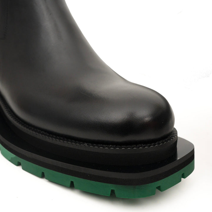 Black Leather Buckle Ankle Boots with Green Lug Sole