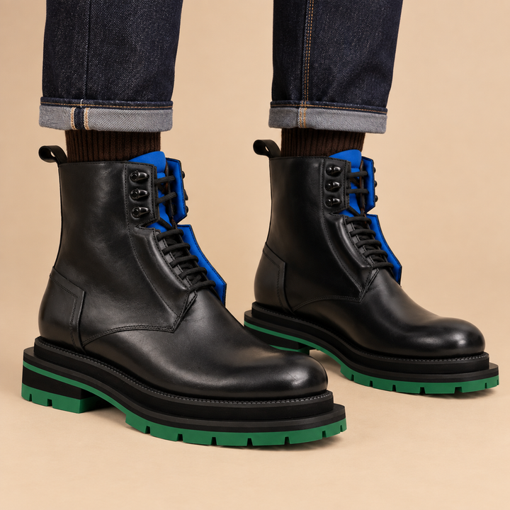 Black Leather Lace-Up Boots with Blue and Green Accents