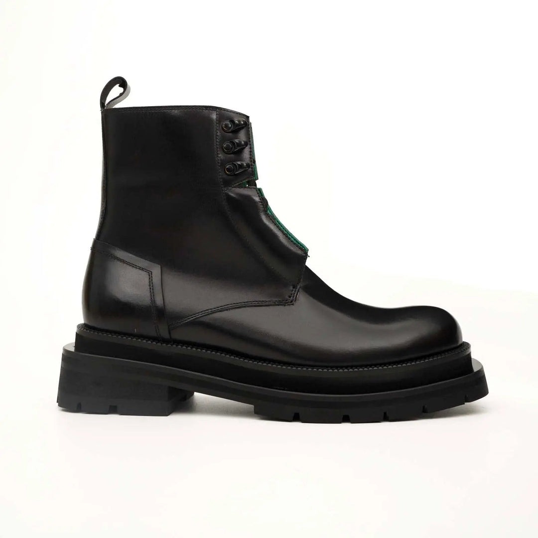 Black Plain-Toe Calf Leather Lace-Up Boots