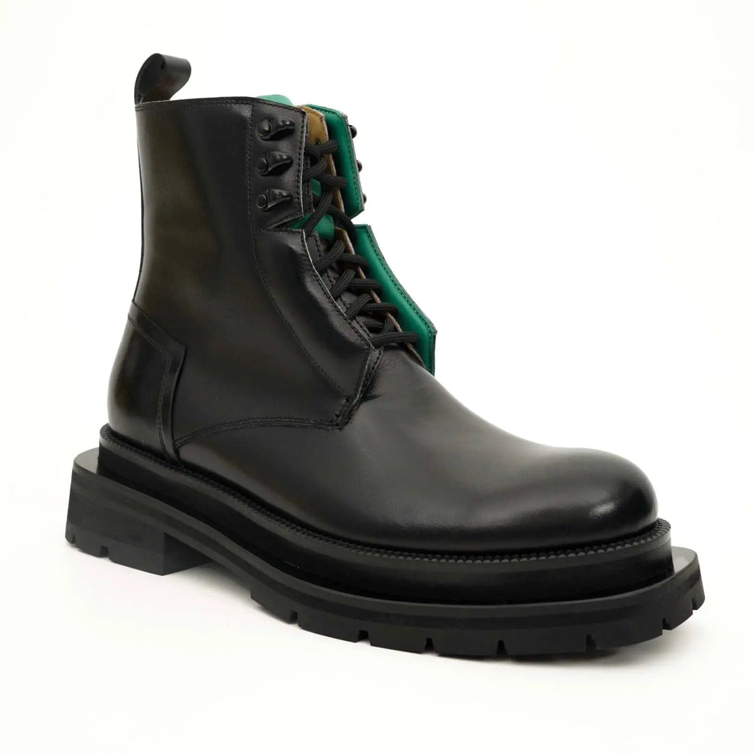Black Plain-Toe Calf Leather Lace-Up Boots